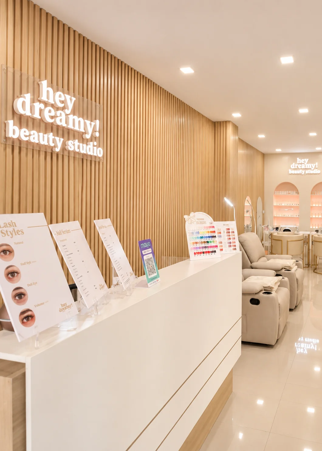 Hey Dreamy in Tabunok, Talisay City: the gold slatted wall, illuminated studio sign and reception area